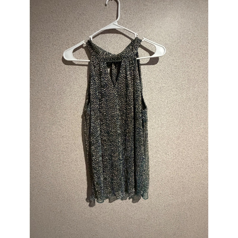 Chenault Womens Metallic Halter Top Green Gold Keyhole TieBack Blouse M2130J2078